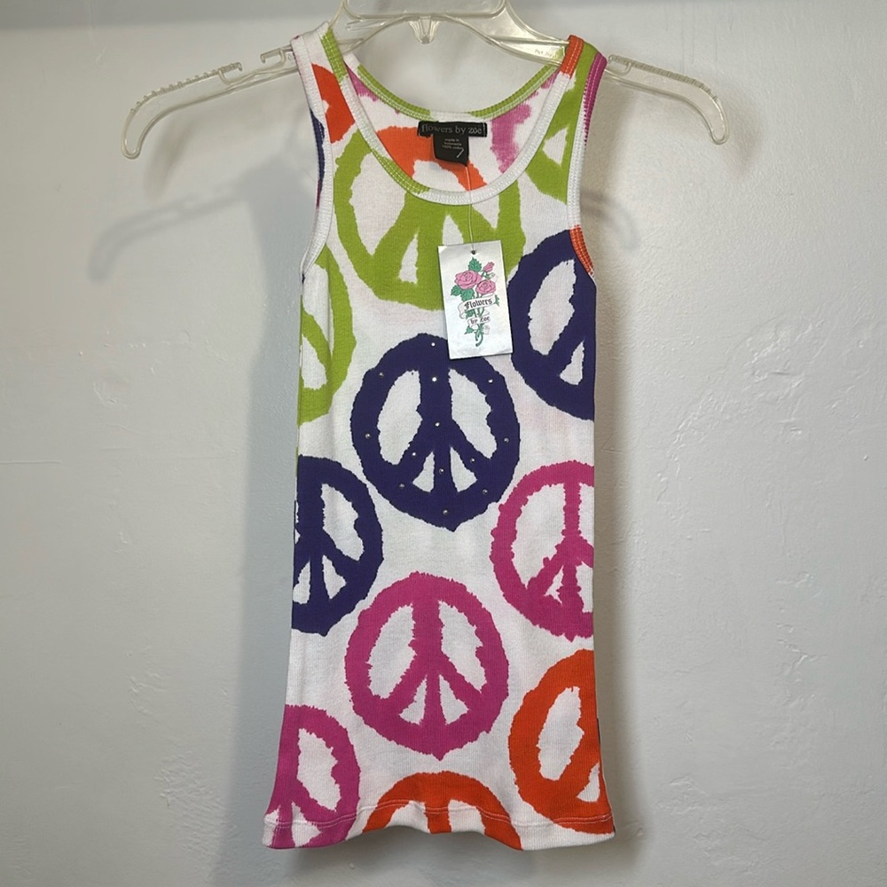 Flowers by Zoe White Tank Top with Purple Pink Orange and Lime Peace Signs